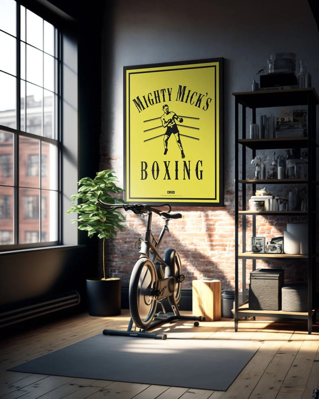 Lifestyle view of the bold black border surrounding the yellow field of the Creed - Mighty Micks Boxing artwork.