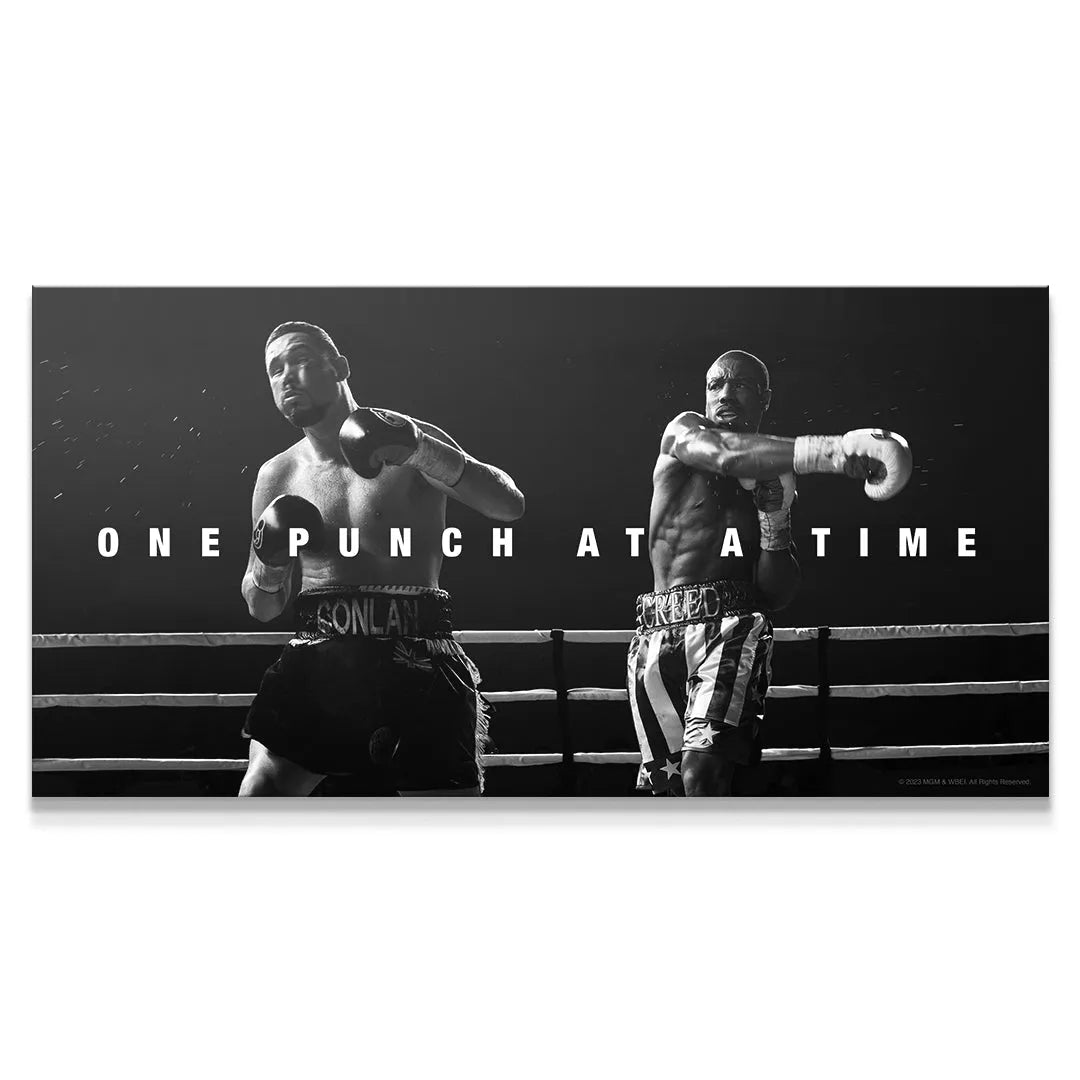 Wide shot of Adonis Creed and opponent Conlan mid-fight, capturing the dramatic arena lighting: Creed - One Punch At A Time.