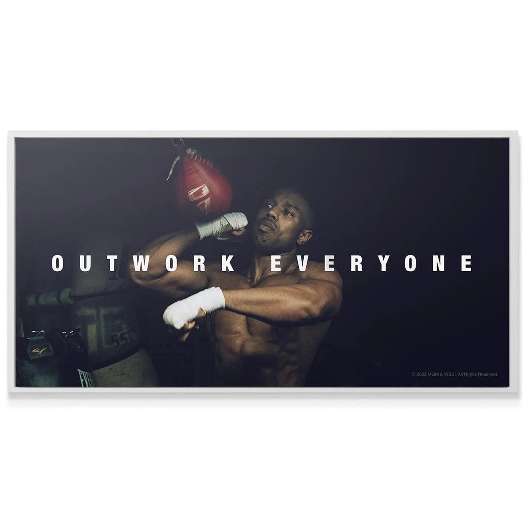 Detailed texture shot of the white boxing wraps and sweat on the 'Creed - Outwork Everyone' wall art print.