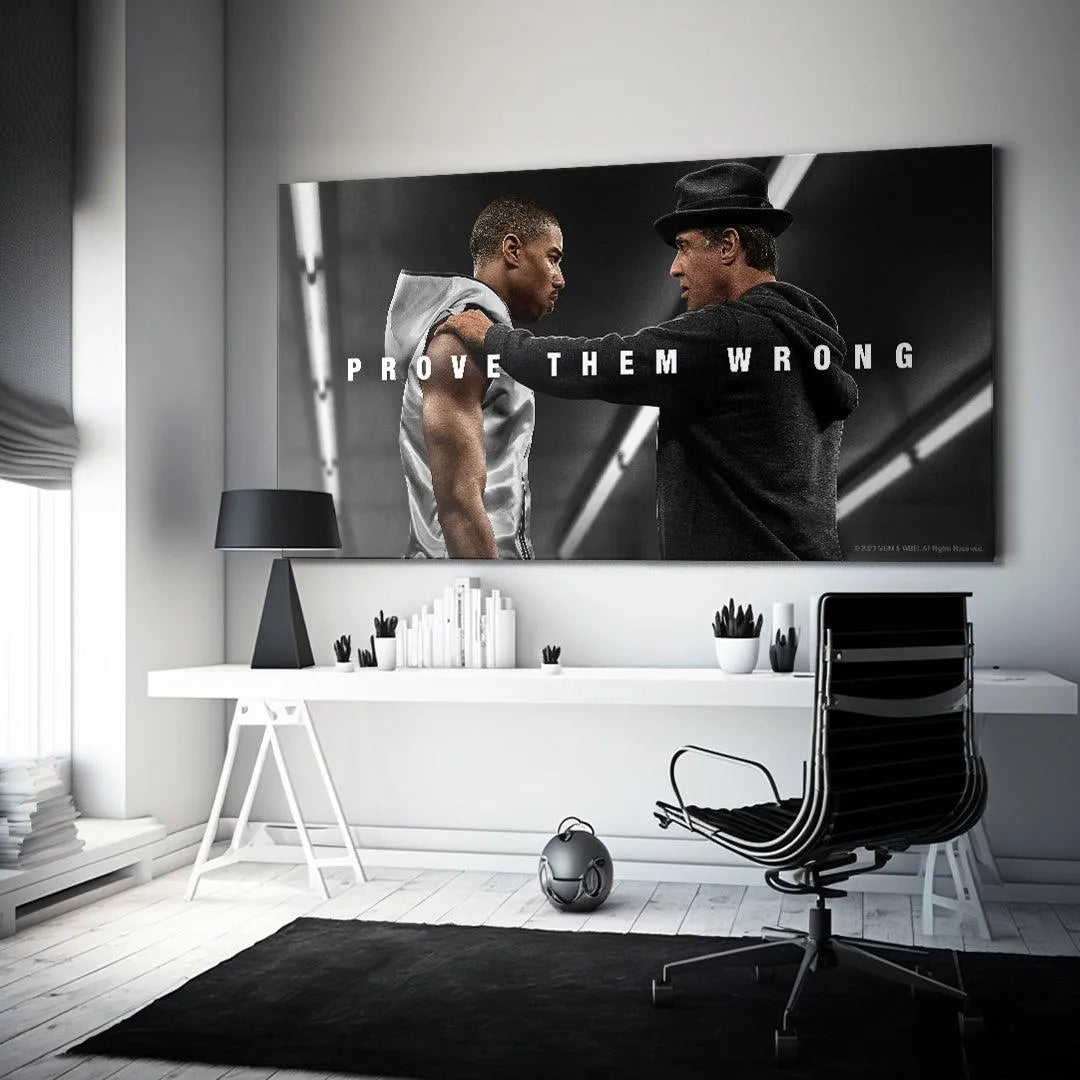 Monochromatic side angle view emphasizing determination in the "Creed - Prove Them Wrong" cinematic art.