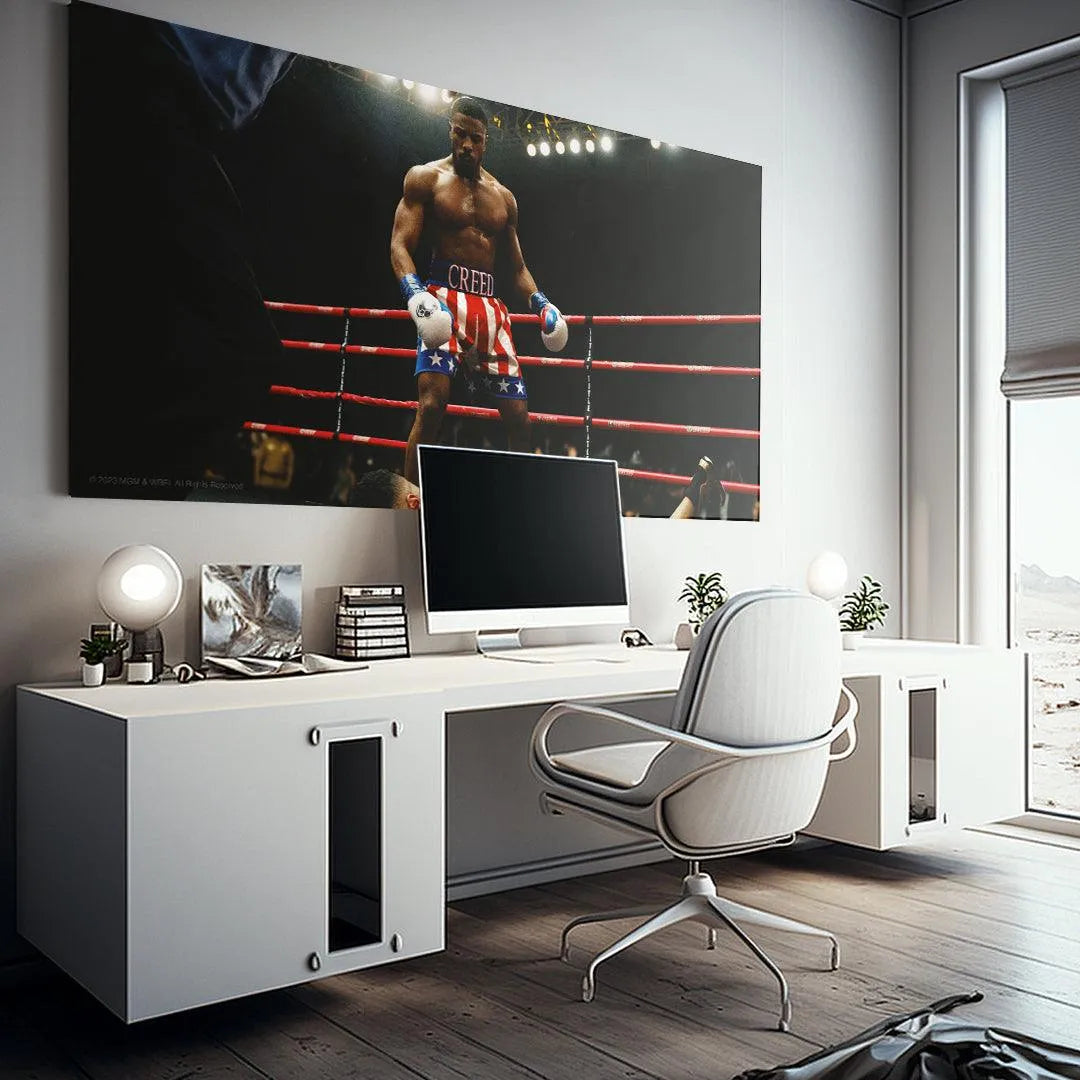 Adonis Creed standing near the ring ropes, celebrating the victory depicted in 'Creed - Who's Next?'.