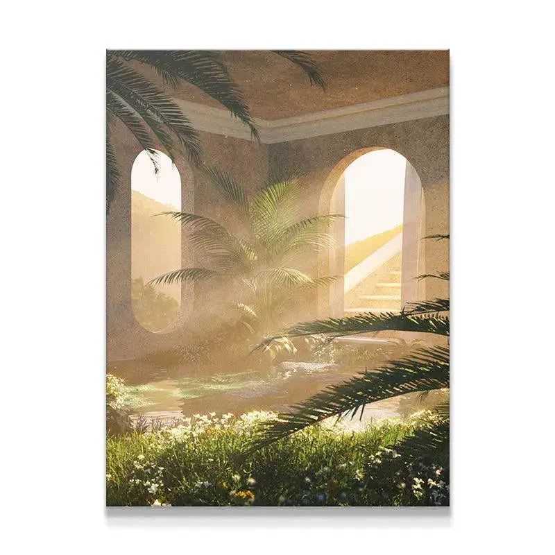 Wide view of the hazy, tropical interior garden of Crema House, bathed in golden light.