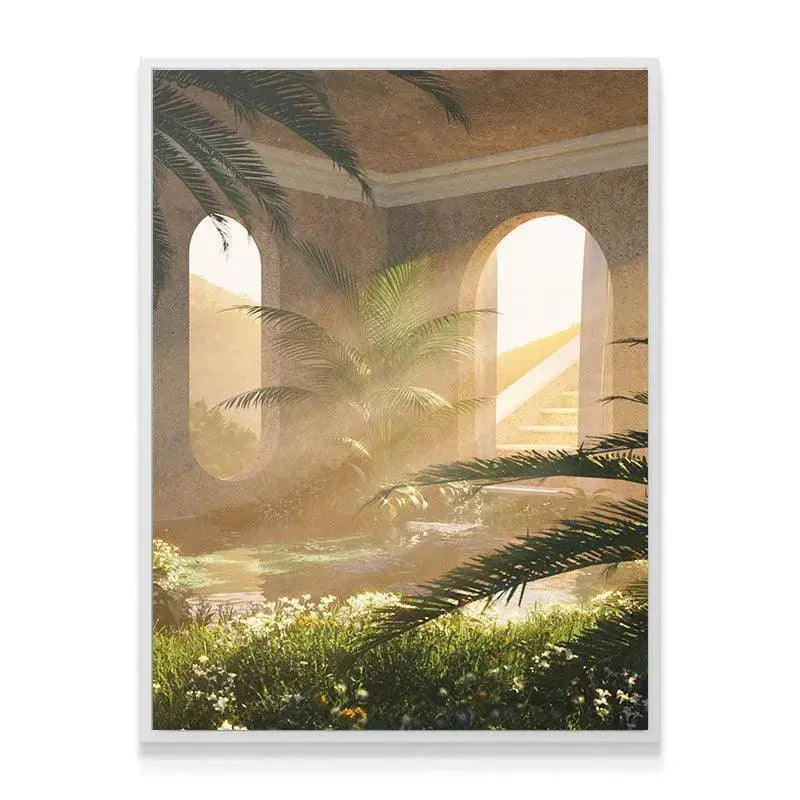 Angled shot focusing on the intense morning light streaming through the main arched doorway in Crema House.