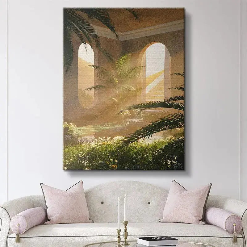 The reflection of towering palm fronds in the small, tranquil pool within the Crema House scene.