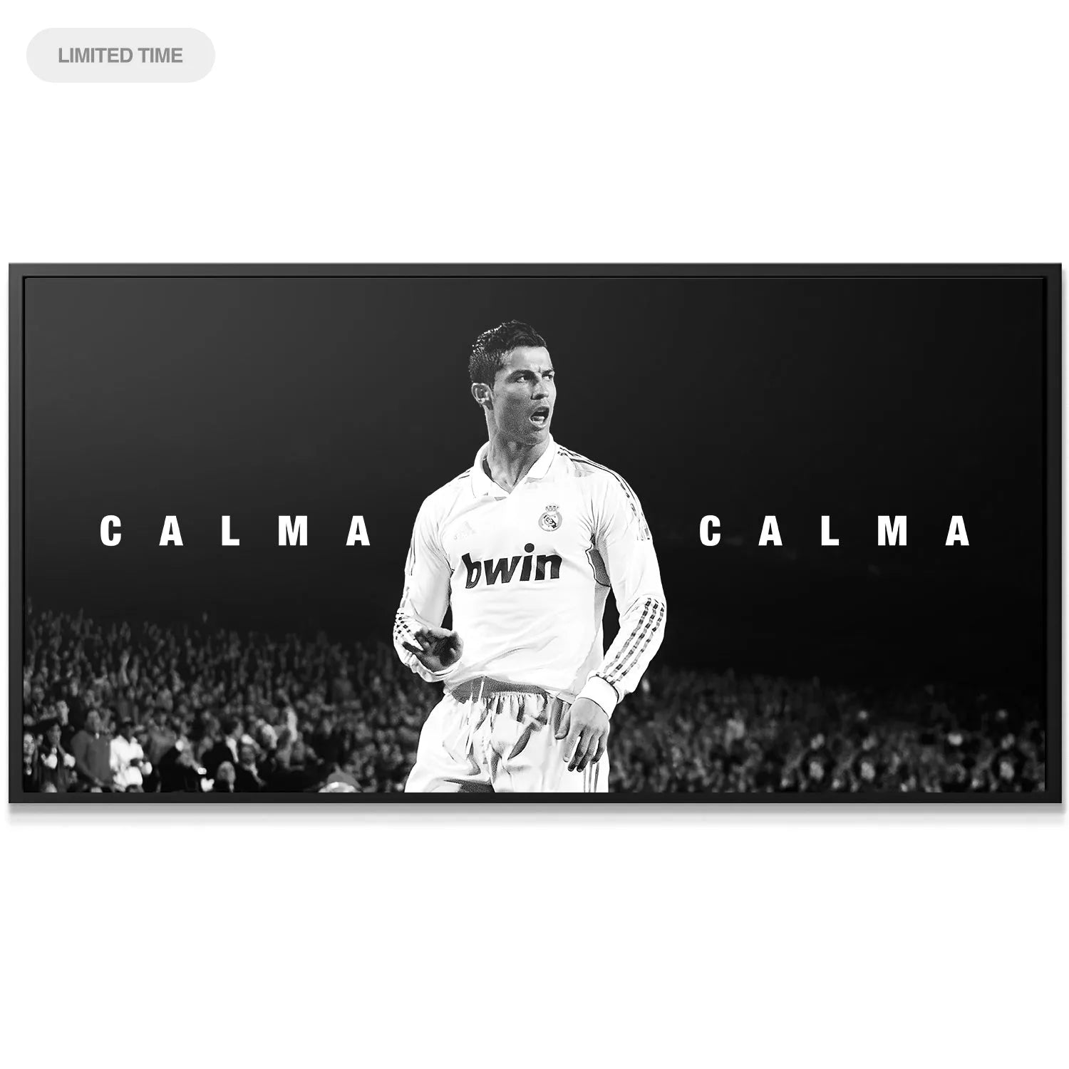 Wide shot of the Cristiano Ronaldo - Calma Calma poster showcasing the prominent white text and surrounding stadium crowd.