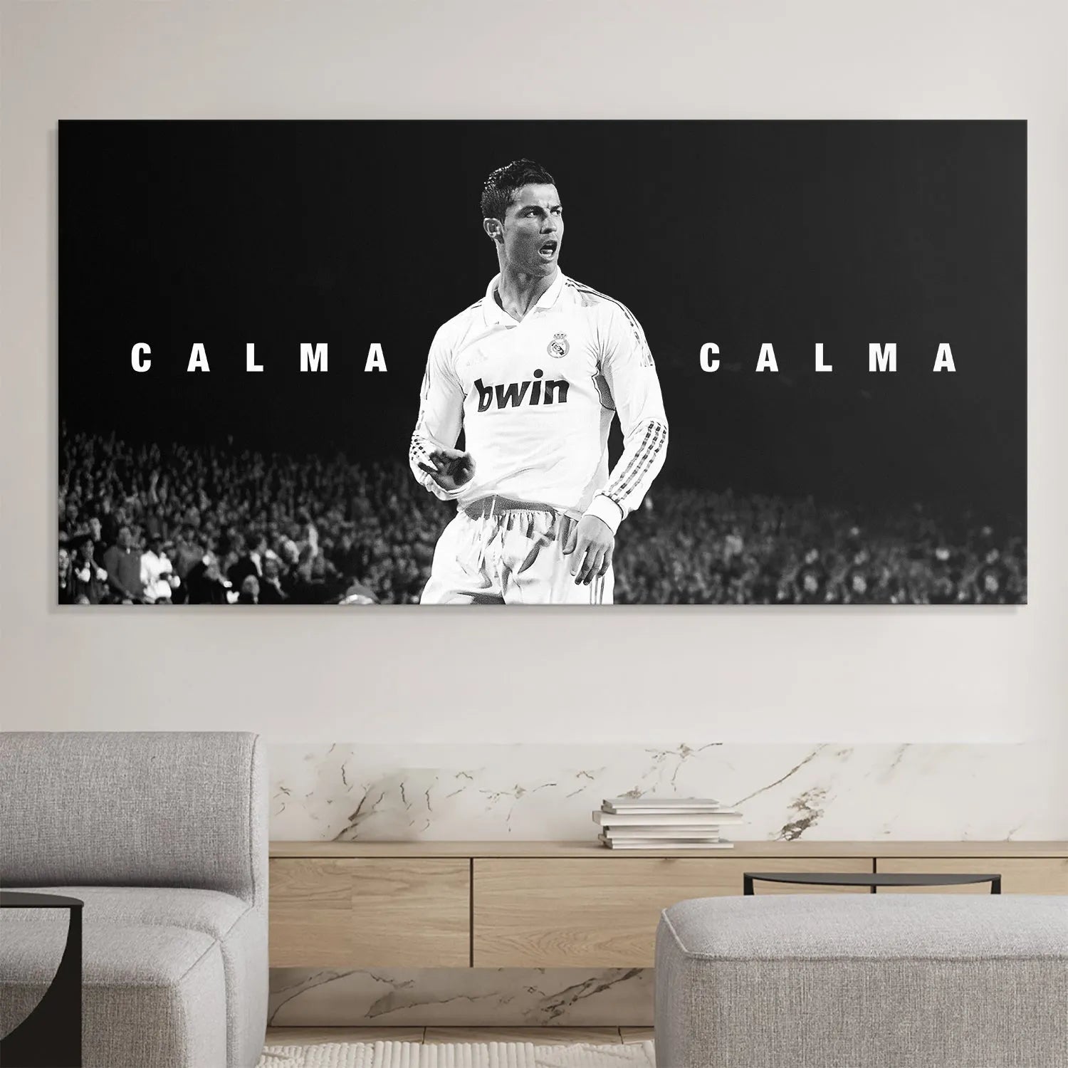 Angled photograph of Cristiano Ronaldo - Calma Calma emphasizing his iconic downward hand gesture commanding calmness.