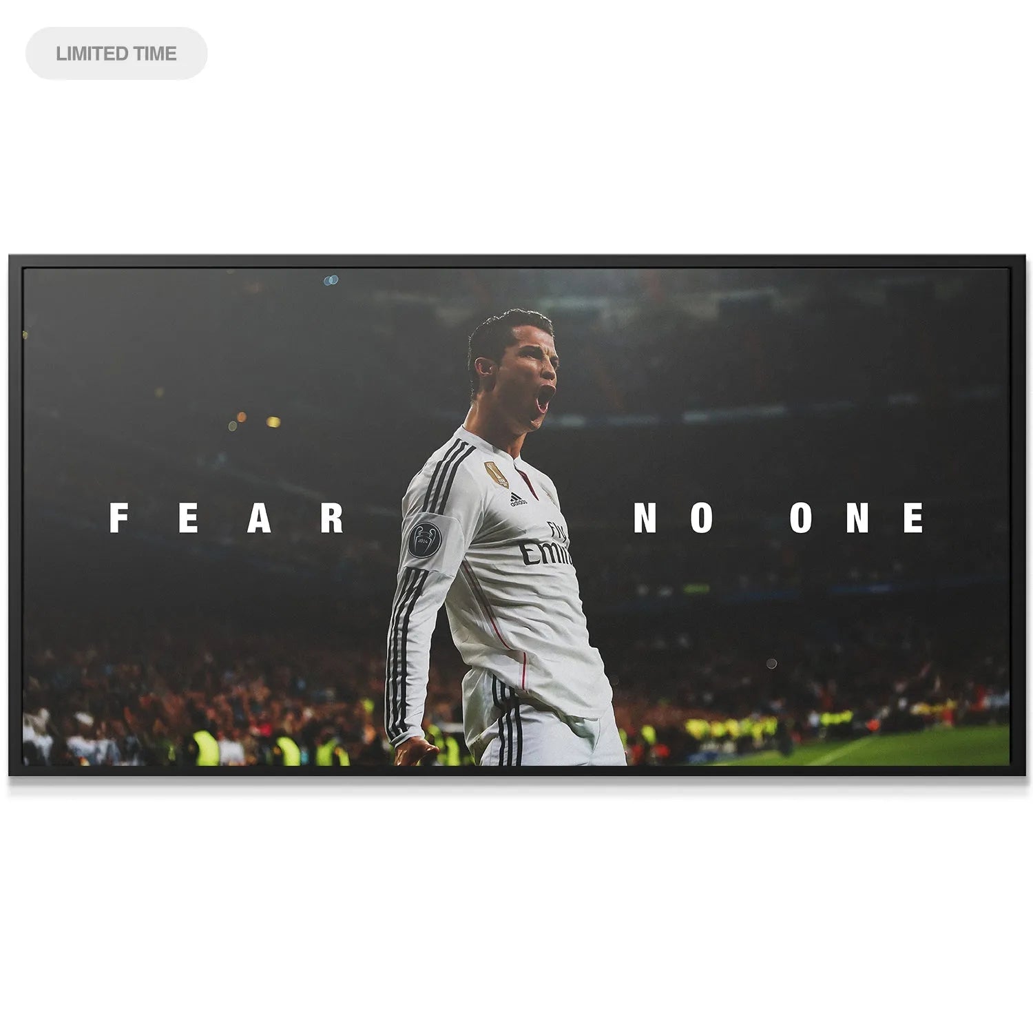 Wide-angle lifestyle photo of the framed Cristiano Ronaldo - Fear No One print hanging in a modern gym setting.