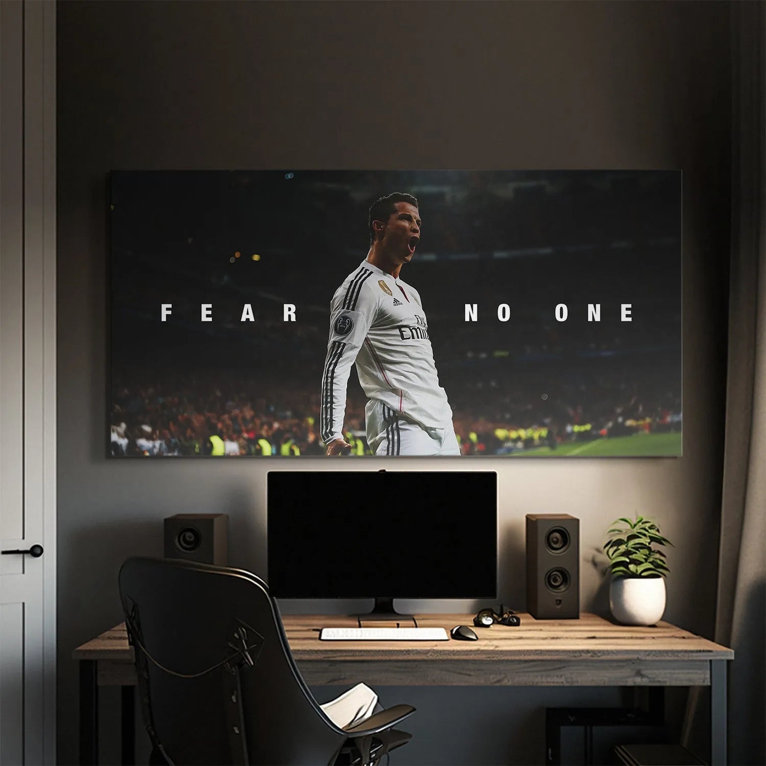 Low-angle view emphasizing the powerful, dominant posture featured in Cristiano Ronaldo - Fear No One artwork.