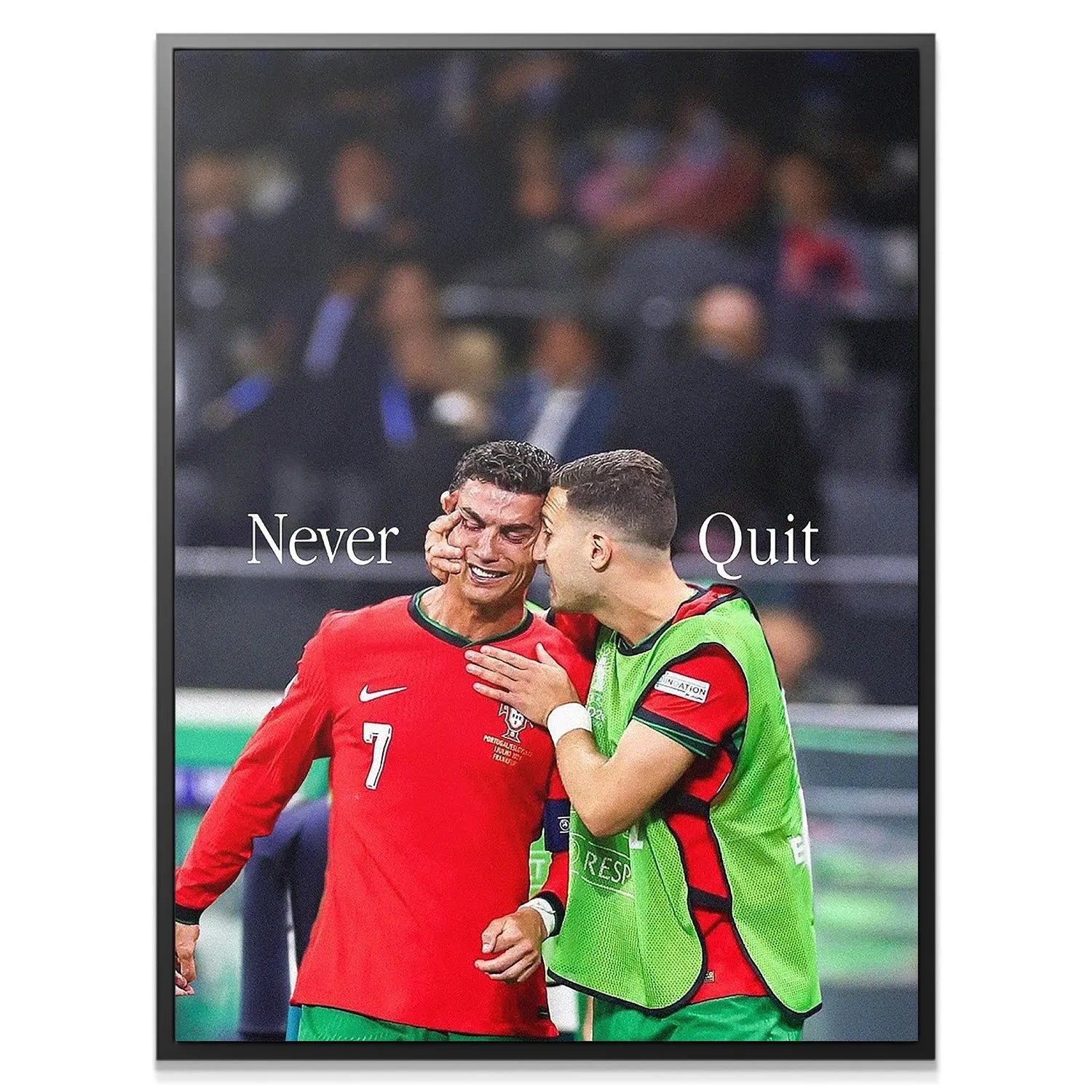 Full framed view of the motivational sports print featuring Cristiano Ronaldo - Never Quit typography.