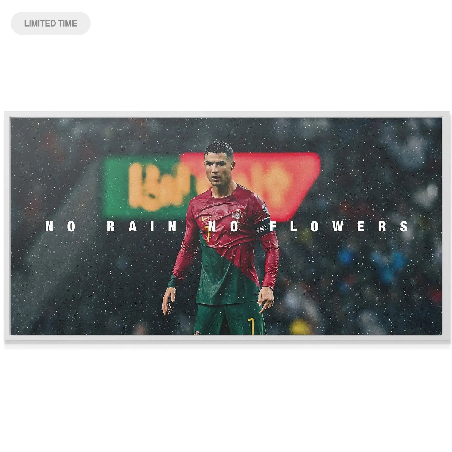 Mid-torso view of CR7 in his Portugal kit captured on the intense Cristiano Ronaldo - No Rain No Flowers print.