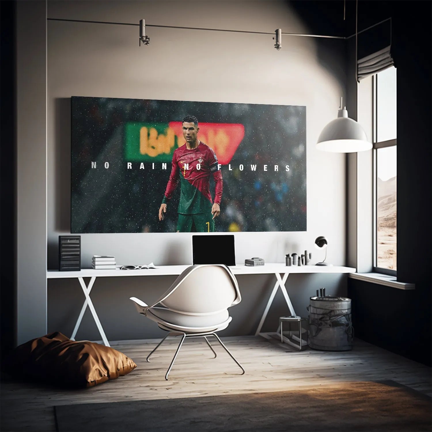 Lifestyle mock-up of the horizontal Cristiano Ronaldo - No Rain No Flowers print displayed in a modern living room setting.