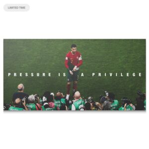 Wide-angle canvas art showing Cristiano Ronaldo - Pressure Is A Privilege on a football pitch surrounded by camera crews and photographers.