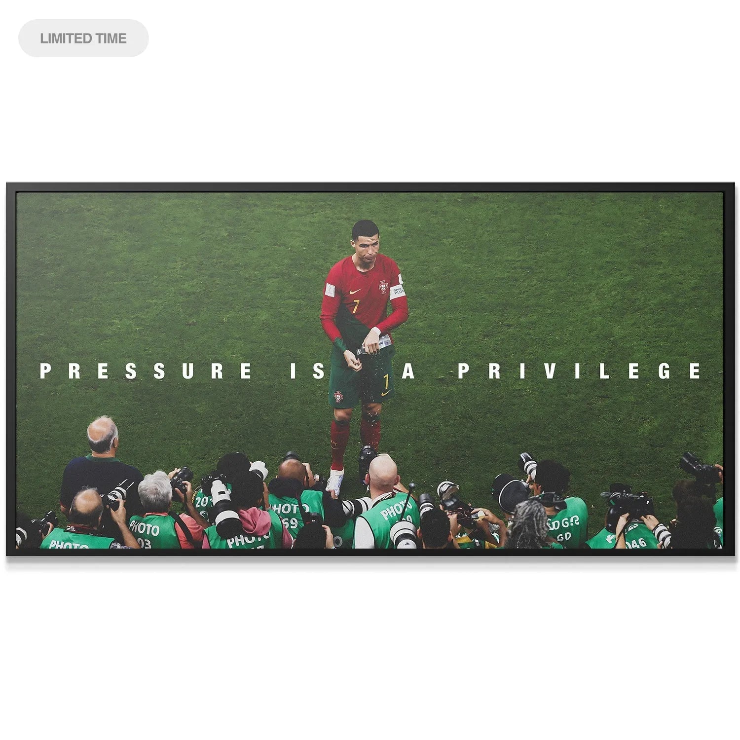 Detailed portrait close-up of Cristiano Ronaldo's focused expression captured within the iconic 'Pressure Is A Privilege' print.