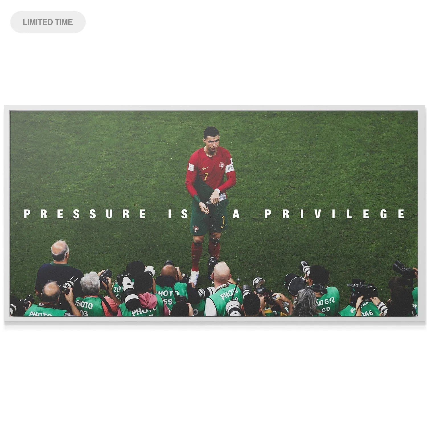 Textured view of the gallery-wrapped canvas showcasing the motivational quote, Cristiano Ronaldo - Pressure Is A Privilege, in high relief.