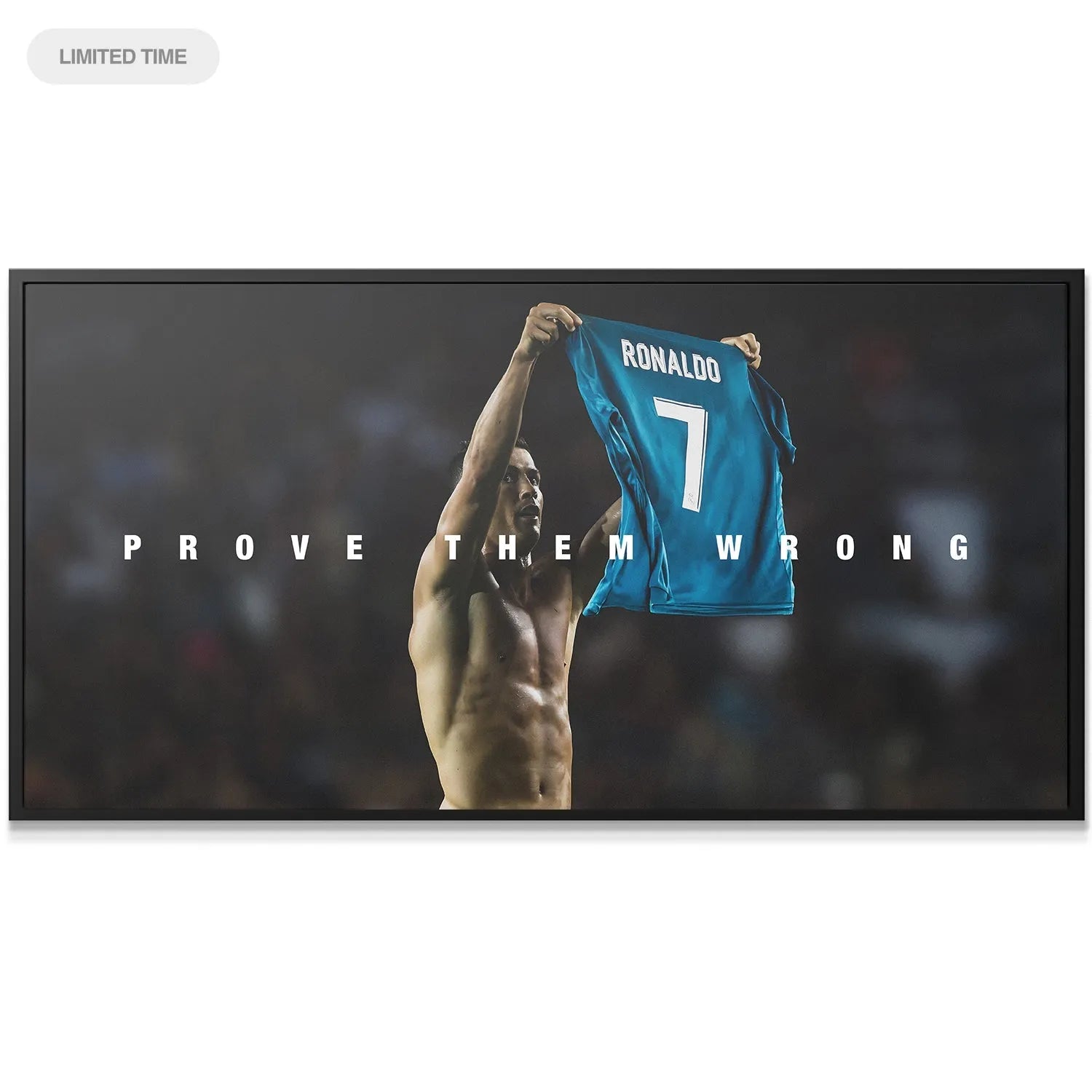 Horizontal view of the dynamic stadium atmosphere surrounding the motivational Cristiano Ronaldo - Prove Them Wrong print.