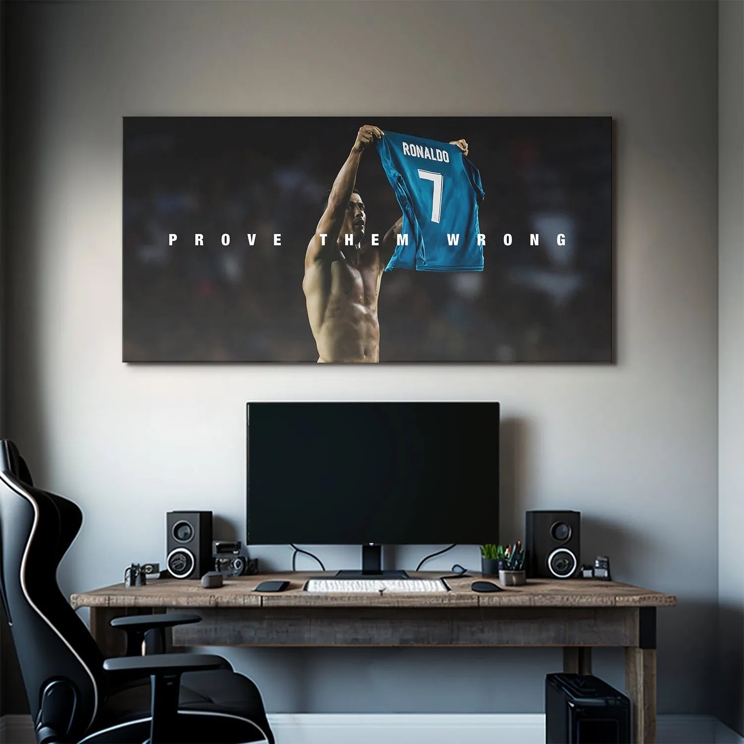 Side angle view of the sleekly mounted artwork depicting Cristiano Ronaldo - Prove Them Wrong holding up his number 7 jersey.