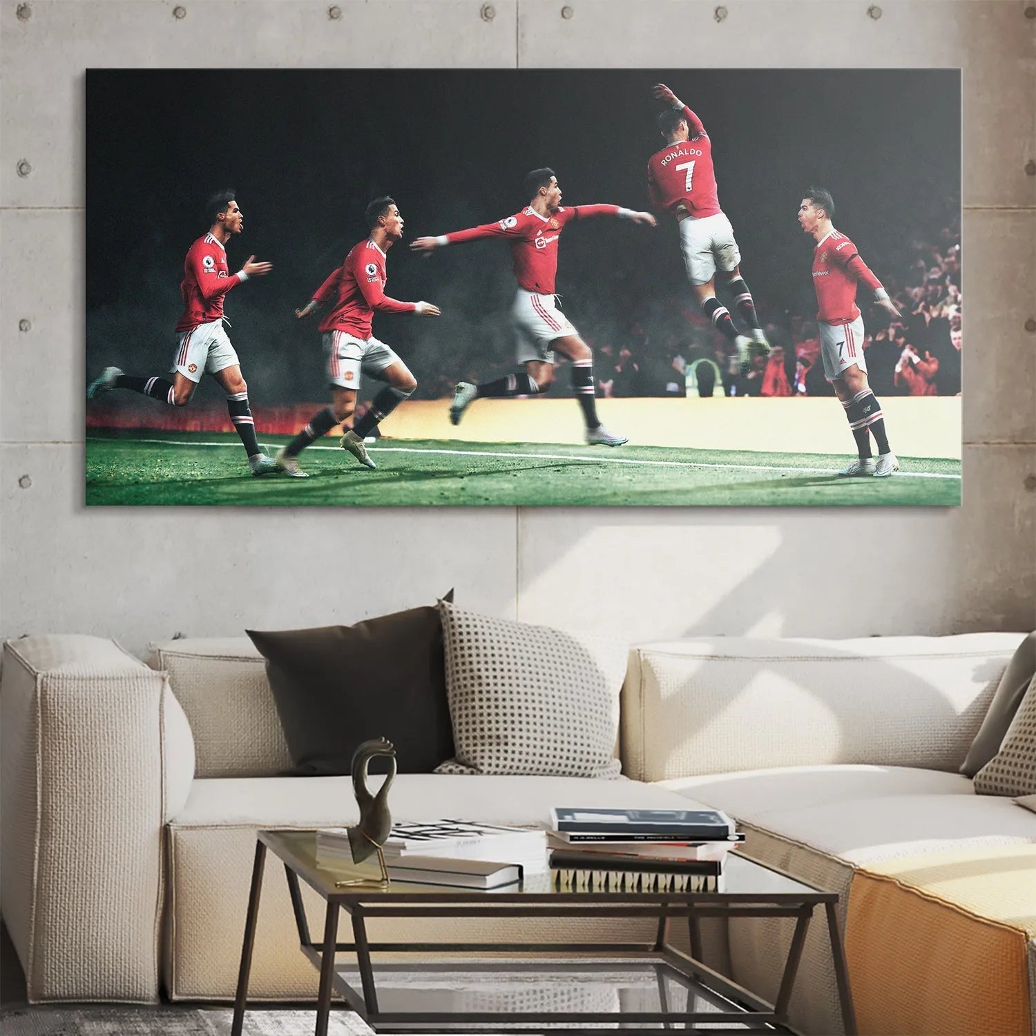 Lifestyle shot of the Cristiano Ronaldo - SIU - Sequence hanging proudly in a modern, sophisticated sports viewing room.