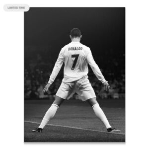 Cristiano Ronaldo – SIU – Vertical Wall Art Full body view of Cristiano Ronaldo - SIU - Vertical, back turned, number 7 clearly visible on the jersey.