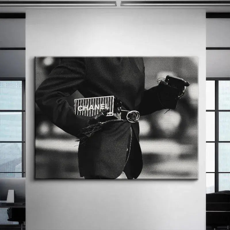Cropped focus on the Chanel-labeled clutch accessory shown prominently in the 'Cross Walk' editorial image.