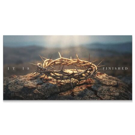 Close-up texture detail of the rugged stone and dirt beneath the artifact in the Crown Of Thorns – It Is Finished print.