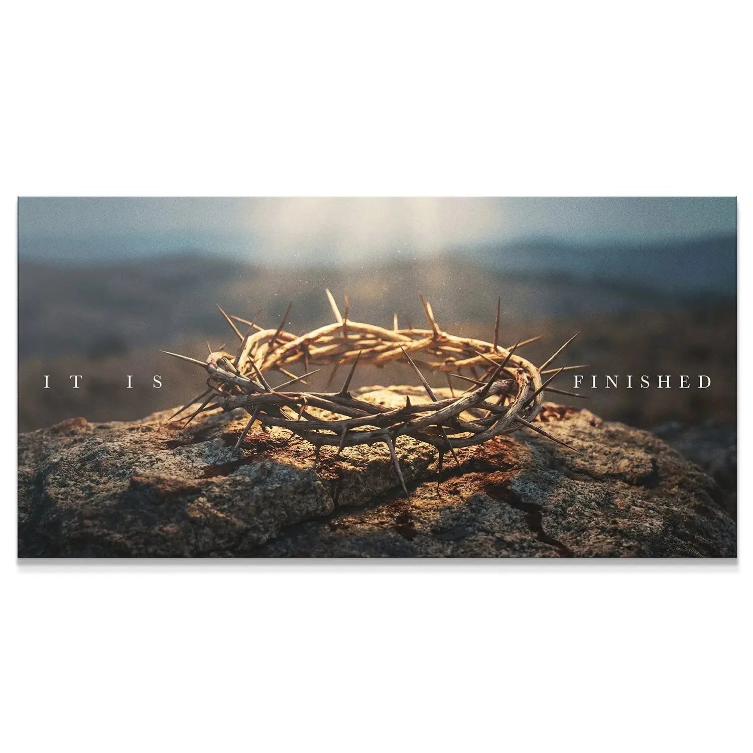 Close-up texture detail of the rugged stone and dirt beneath the artifact in the Crown Of Thorns – It Is Finished print.
