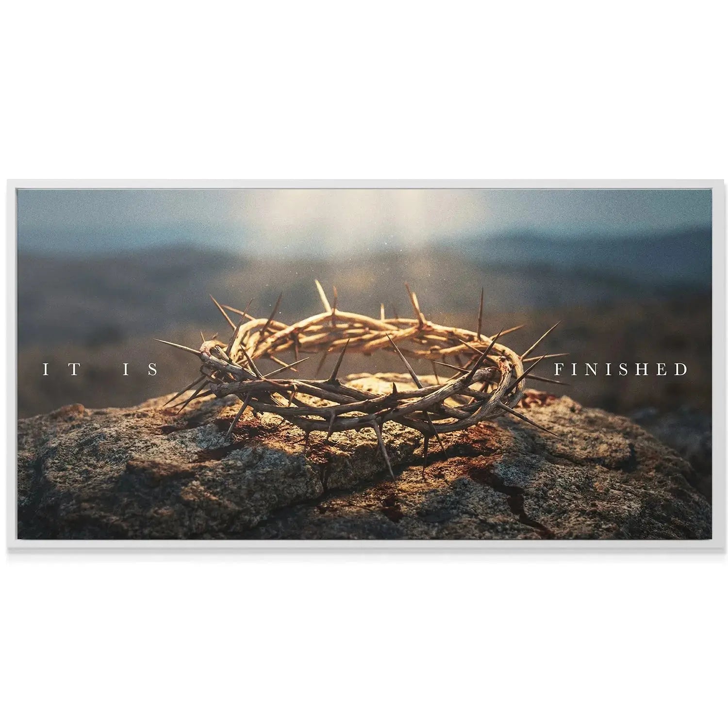 High-contrast view highlighting the sharp, dry thorn texture in the 'Crown Of Thorns – It Is Finished' image under bright divine light.