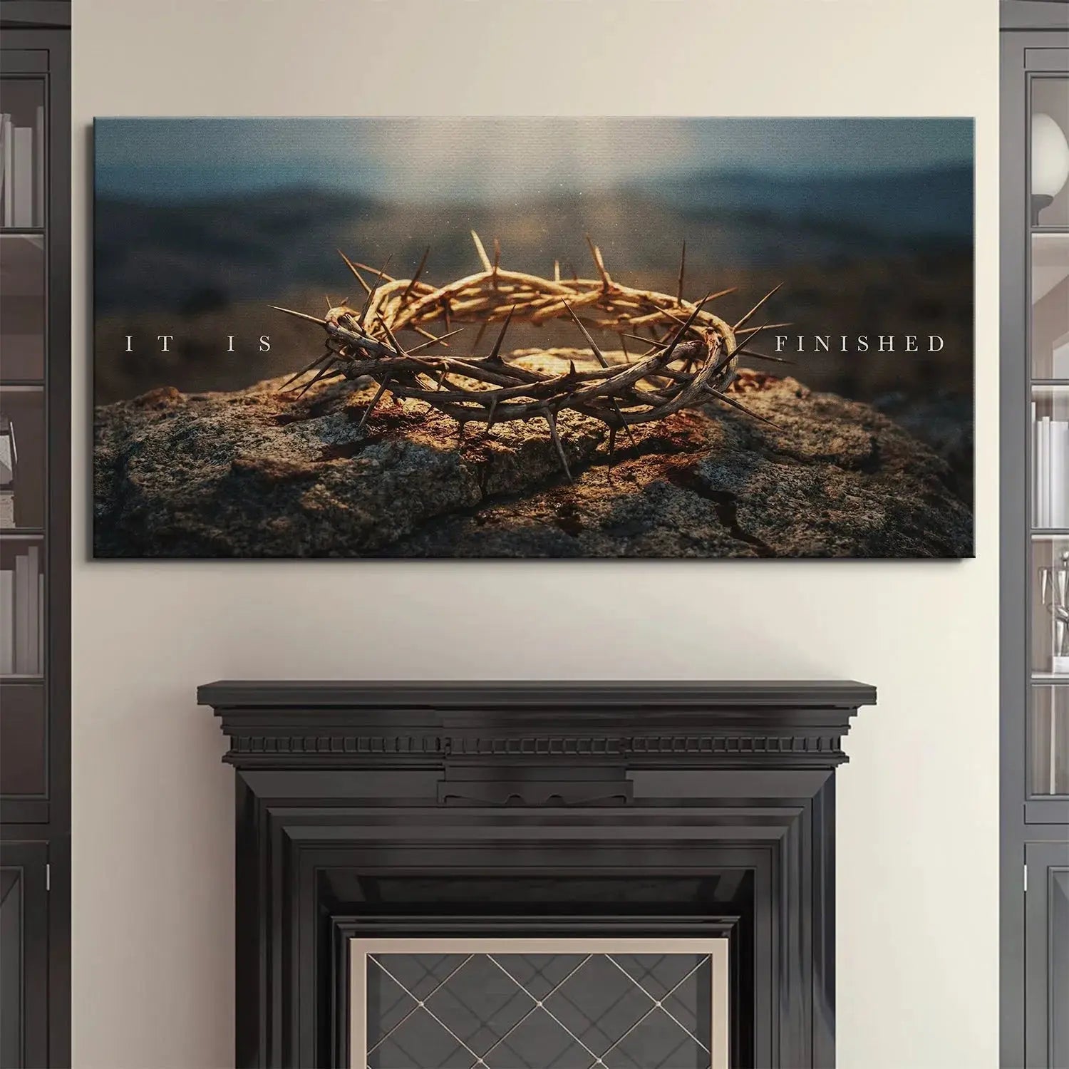 Overhead perspective showing the intricate woven branches forming the Crown Of Thorns – It Is Finished resting securely on the cracked rock.