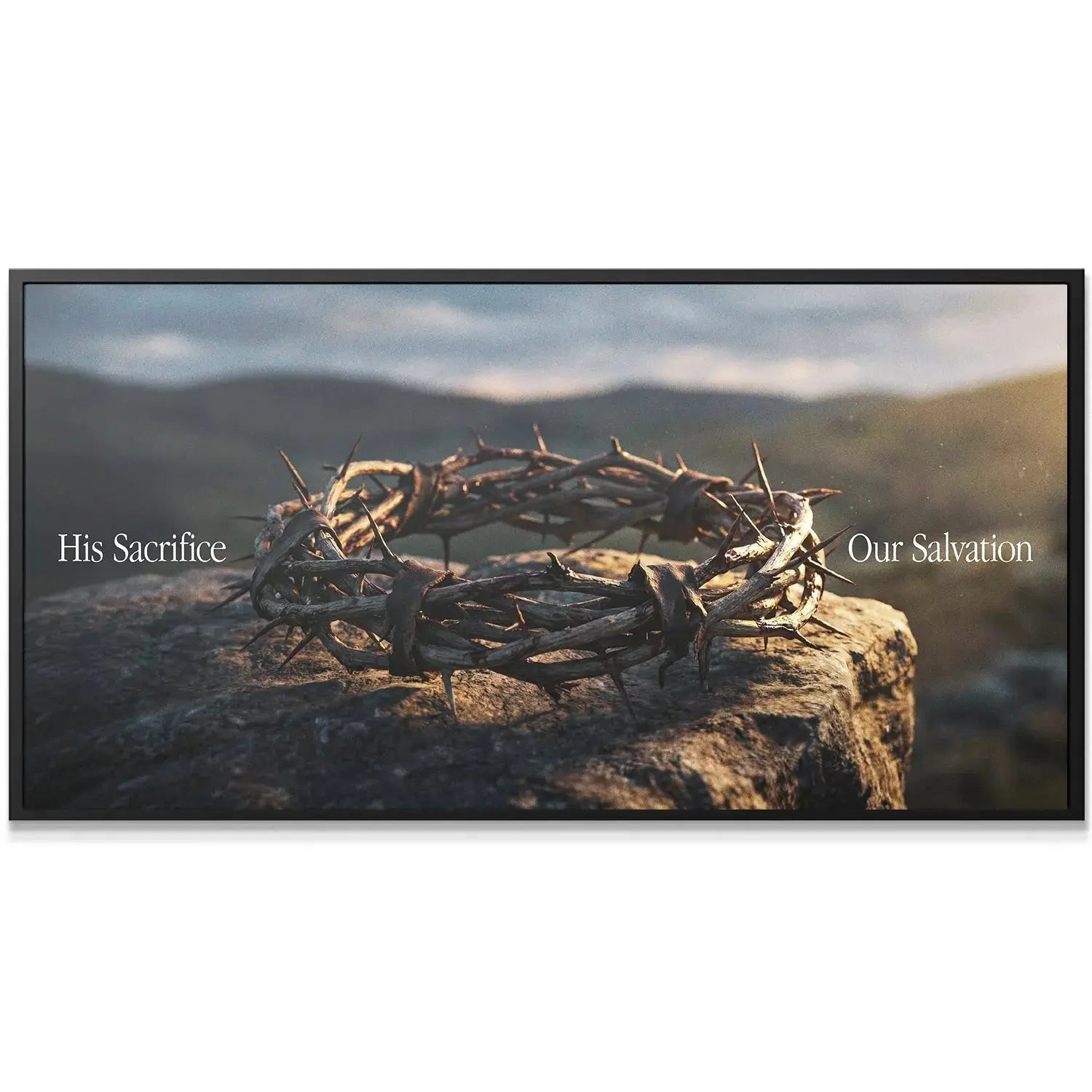 Golden hour lighting dramatically illuminating the 'Crown Of Thorns – Sacrifice' resting on a stone cliff.