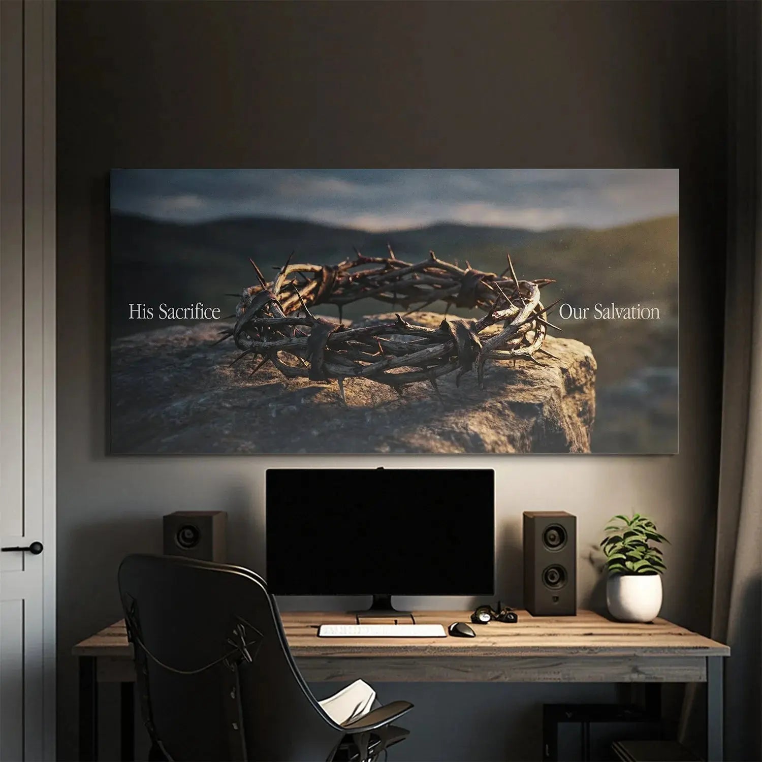 Low-angle perspective highlighting the imposing presence of the 'Crown Of Thorns – Sacrifice' artwork.