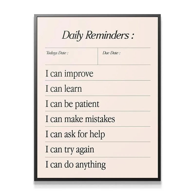 Full overhead view of the Daily Reminders sheet displaying all seven positive affirmations.
