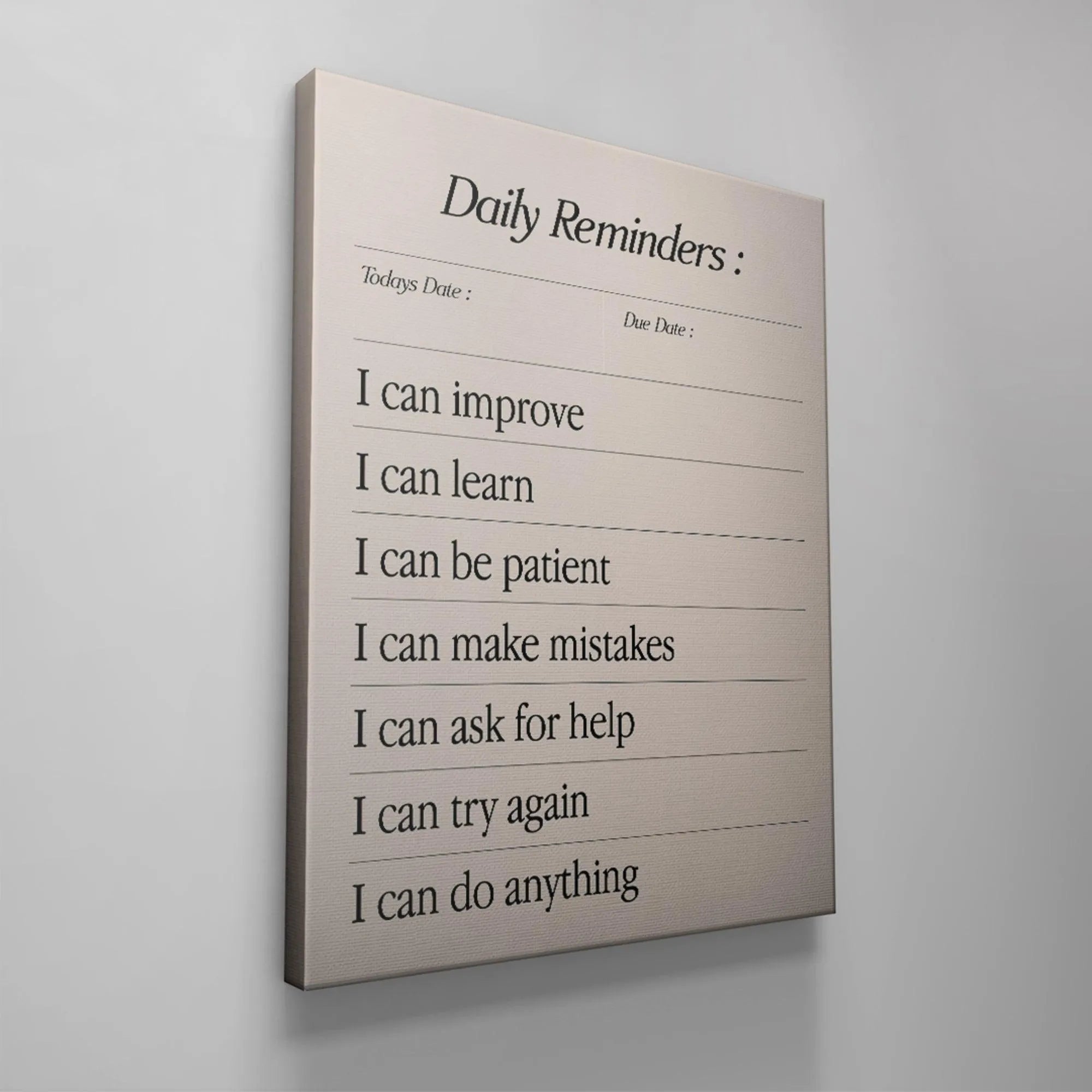 The 'I can improve' and 'I can learn' lines clearly visible on the minimalist beige Daily Reminders list.
