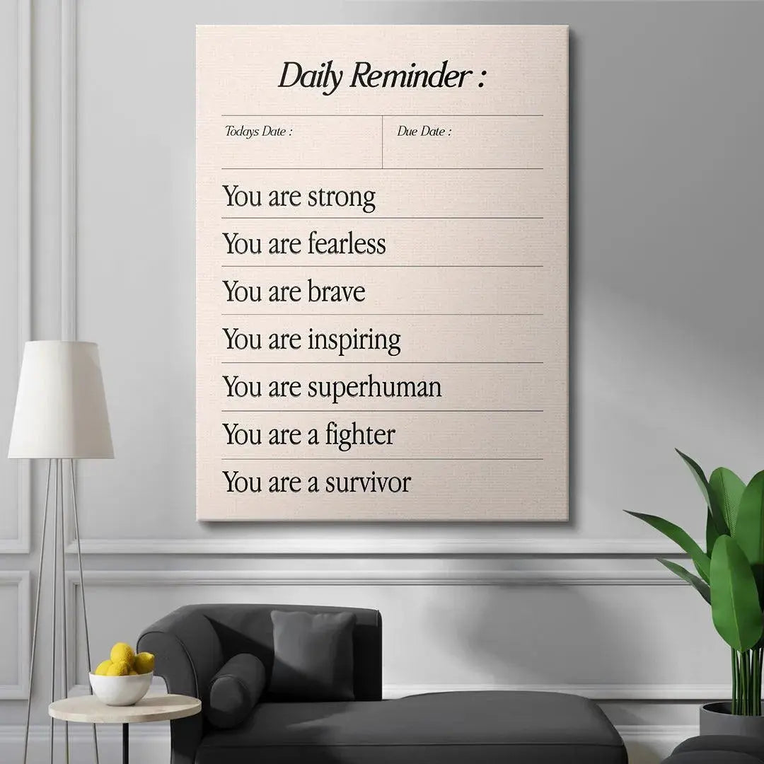A display of the Daily Survivor reminder card pinned vertically on a cork board in a home office setting.