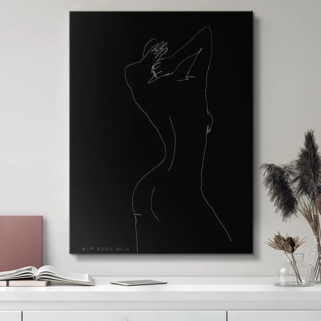 Detail of the figure's hands positioned behind the head in the elegant line drawing Daisy No 26 - Black.