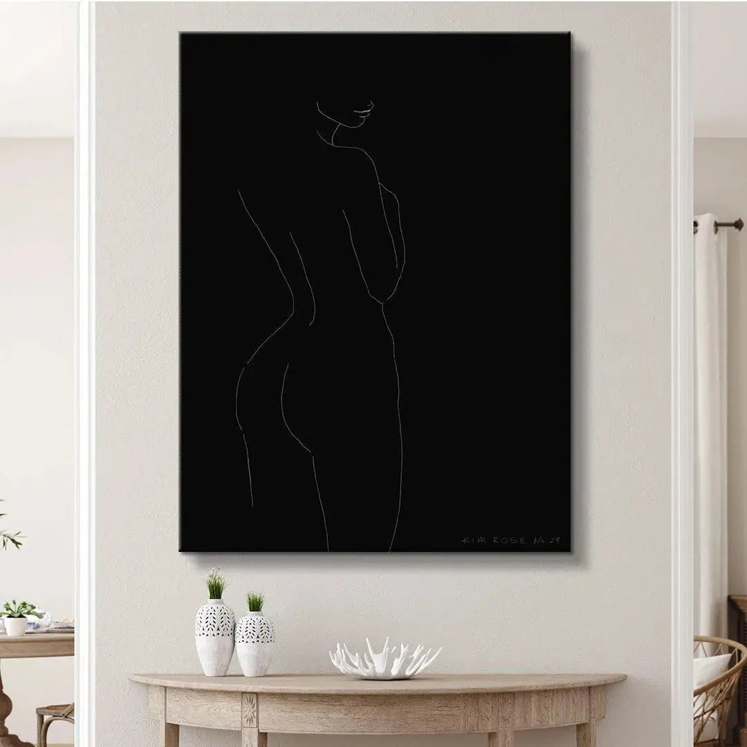 Detail shot of the white continuous line art texture against the deep black background of Daisy No 29 - Black.
