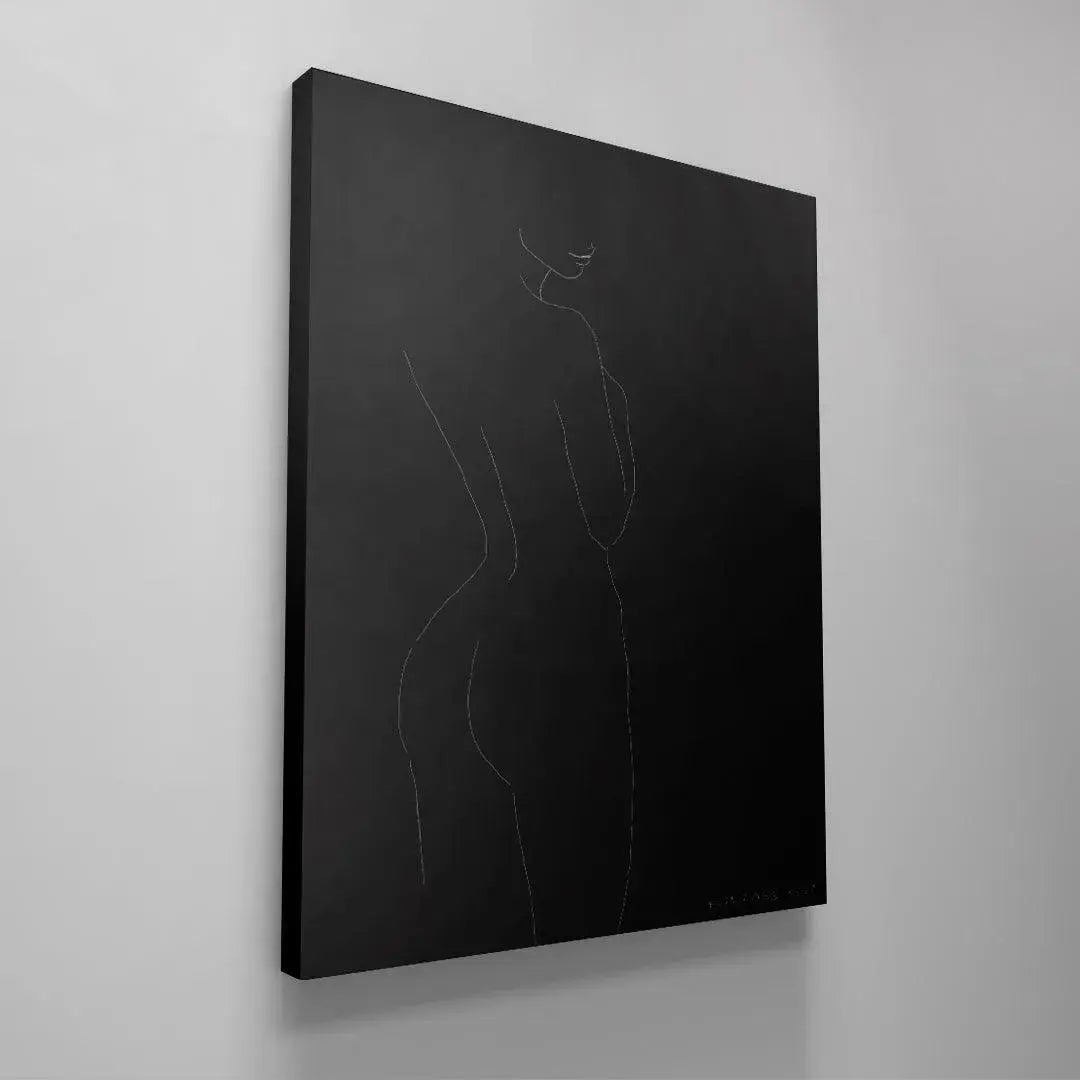 Angled perspective of the elegant posture displayed in the Daisy No 29 - Black figurative print.