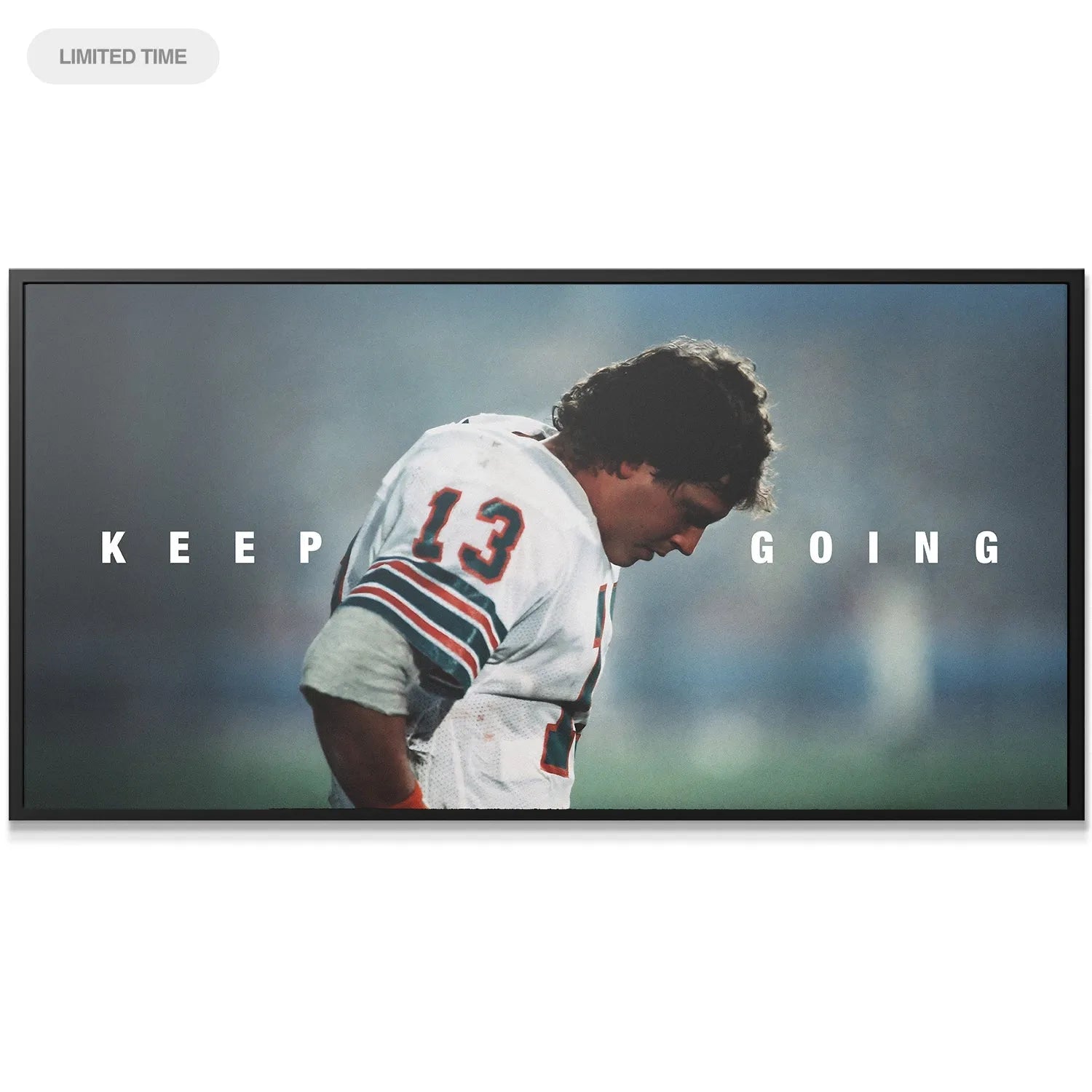 Wide-angle view of the motivational sports canvas print 'Dan Marino - Keep Going' hanging on a modern wall.
