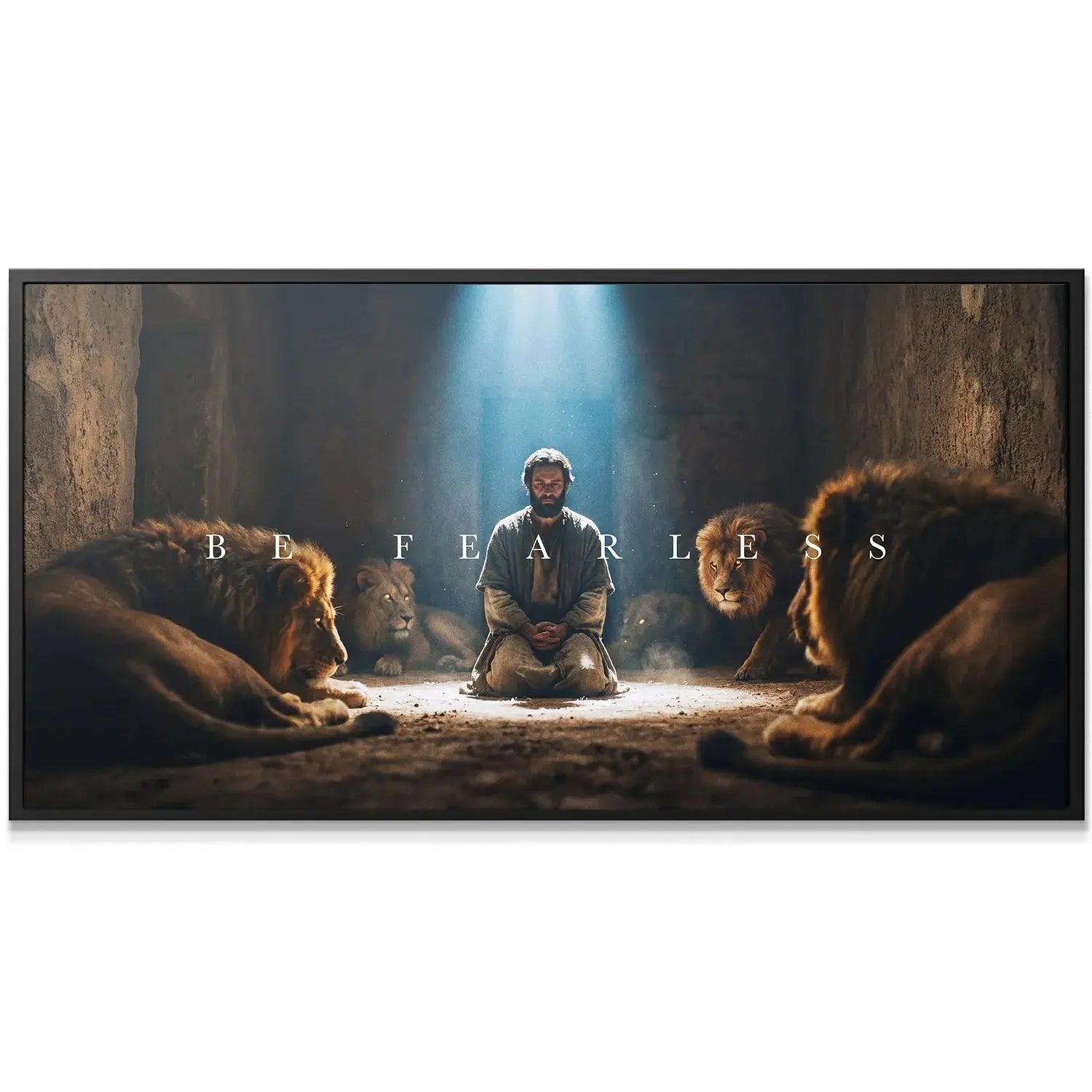 Close-up view of Daniel kneeling peacefully in the center of the 'Daniel In The Lions’ Den – Be Fearless' artwork.