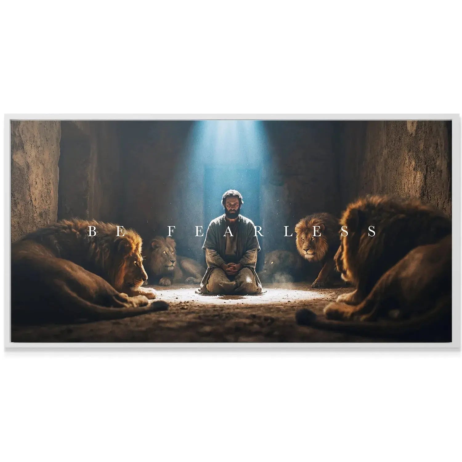 Texture detail of the rough cave wall and soft lion fur featured in Daniel In The Lions’ Den – Be Fearless print.