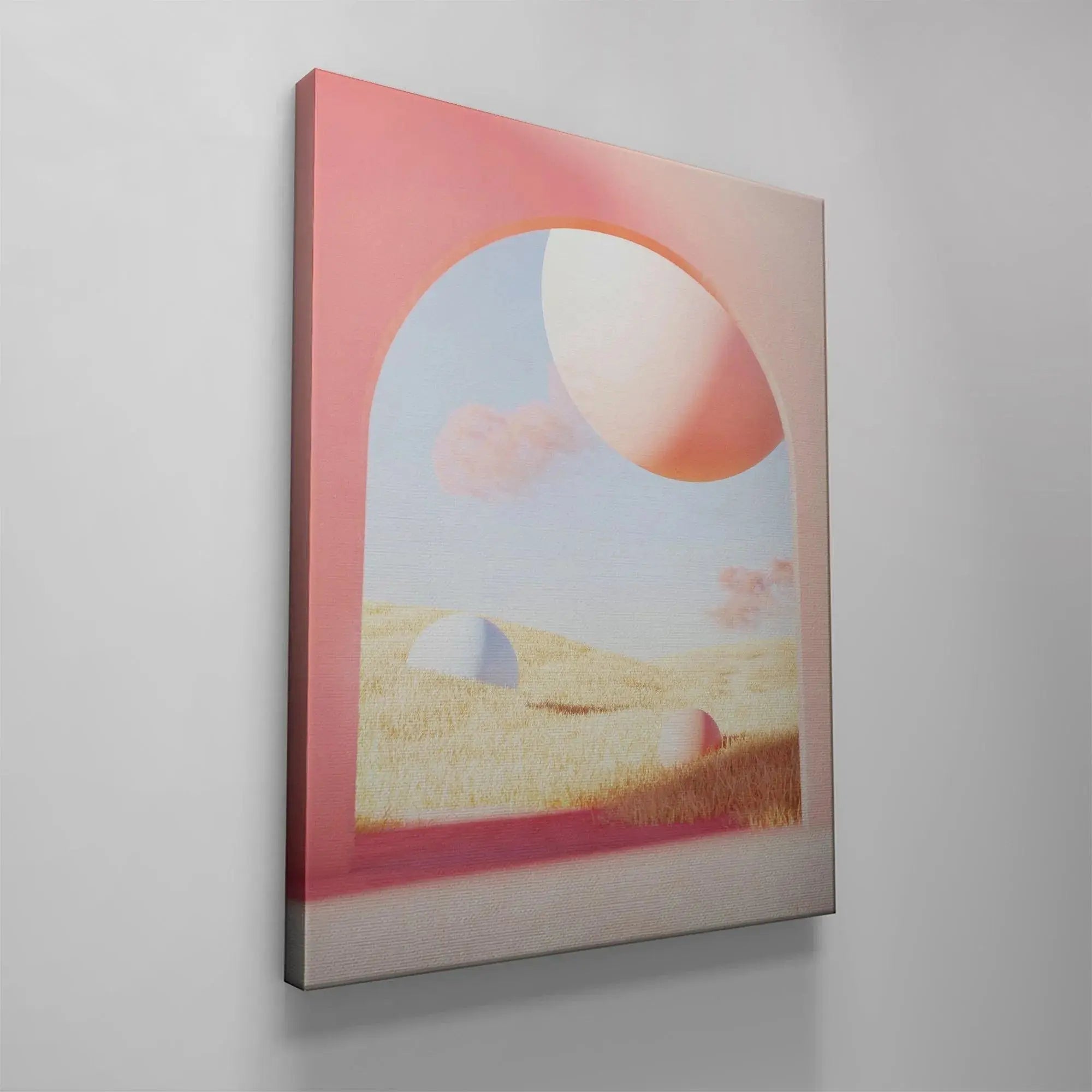 Soft daylight illuminating the large, hovering pink sphere element in the artwork Dario - Beginning.
