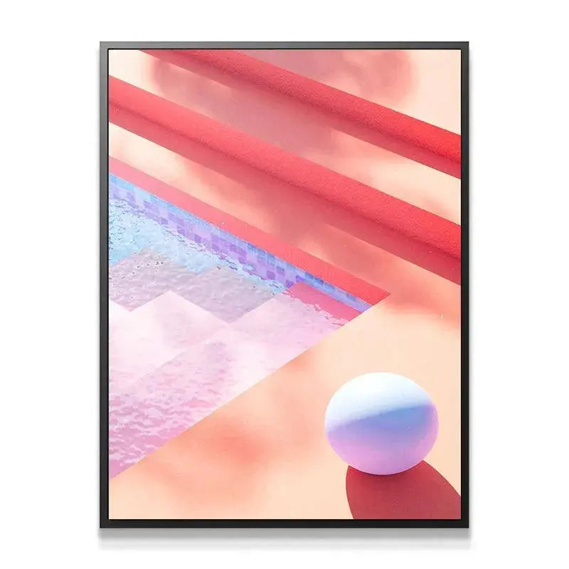 Wide shot of the Dario - Heavens Stay print highlighting the red parallel railings and warm pink background.