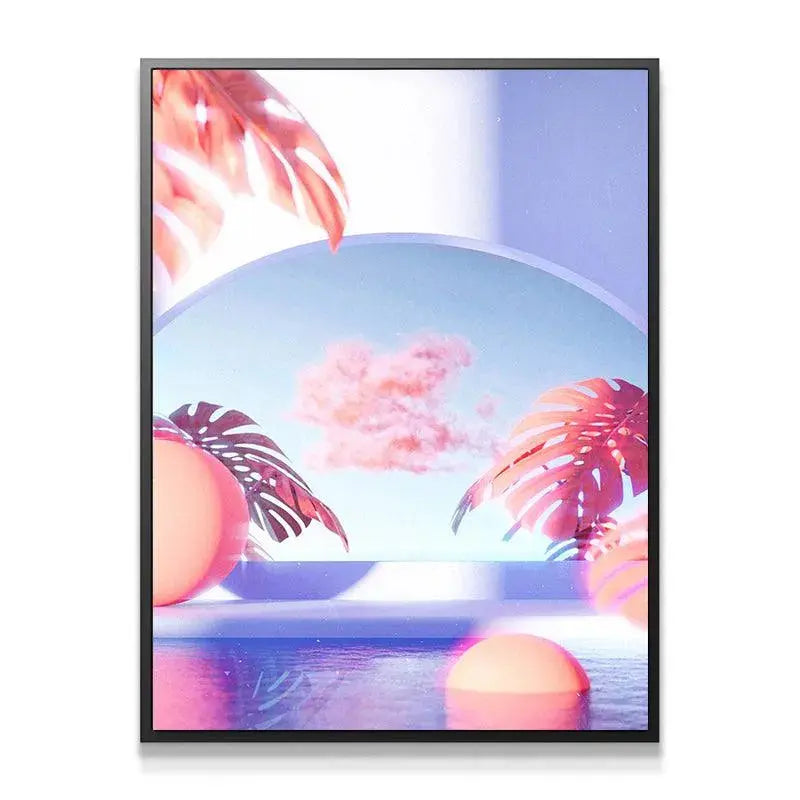 Close-up detail of the glowing pink Monstera leaves in the Dario- Paradise surreal artwork.