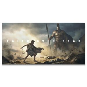 Full cinematic painting displaying the battle scene of David And Goliath – Faith Over Fear