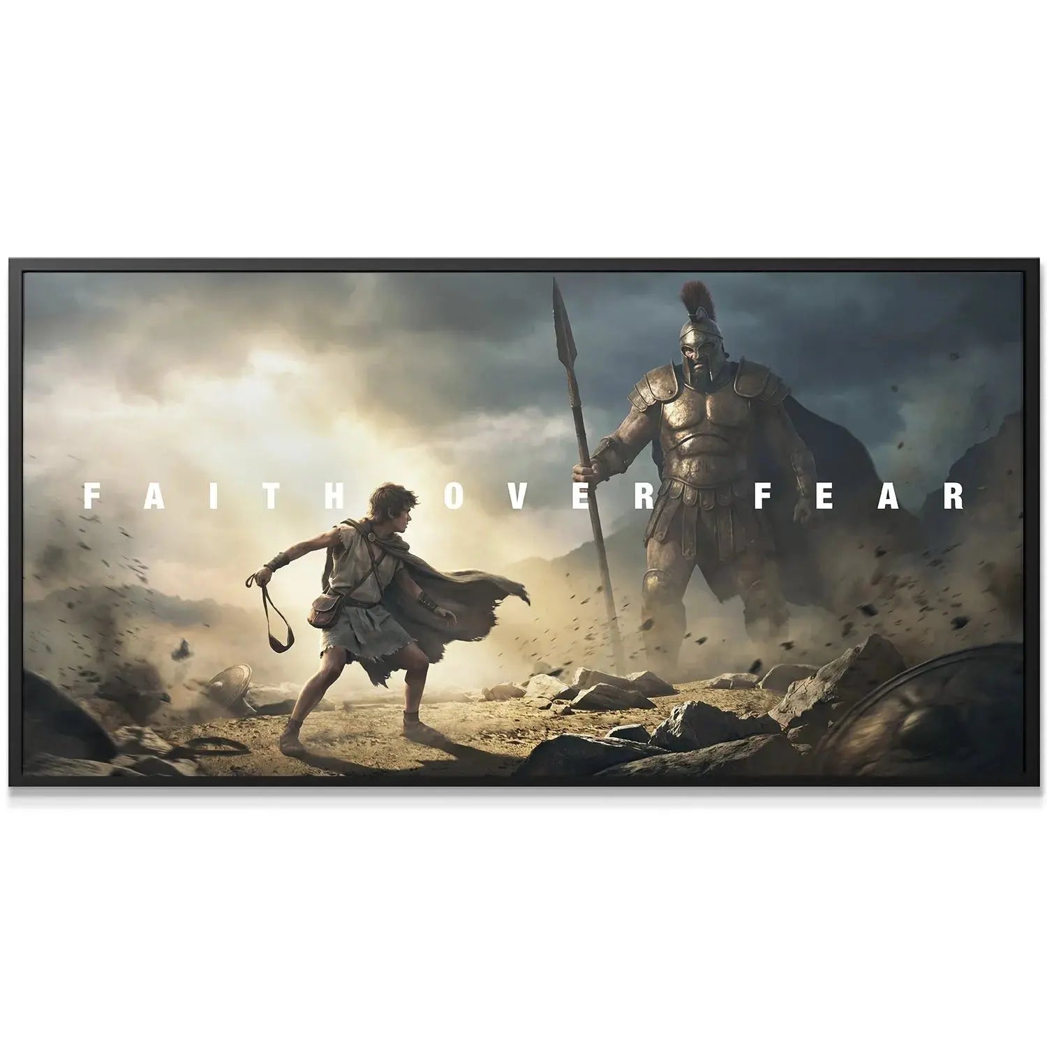 Close-up of David preparing his slingshot in the dramatic David And Goliath – Faith Over Fear artwork