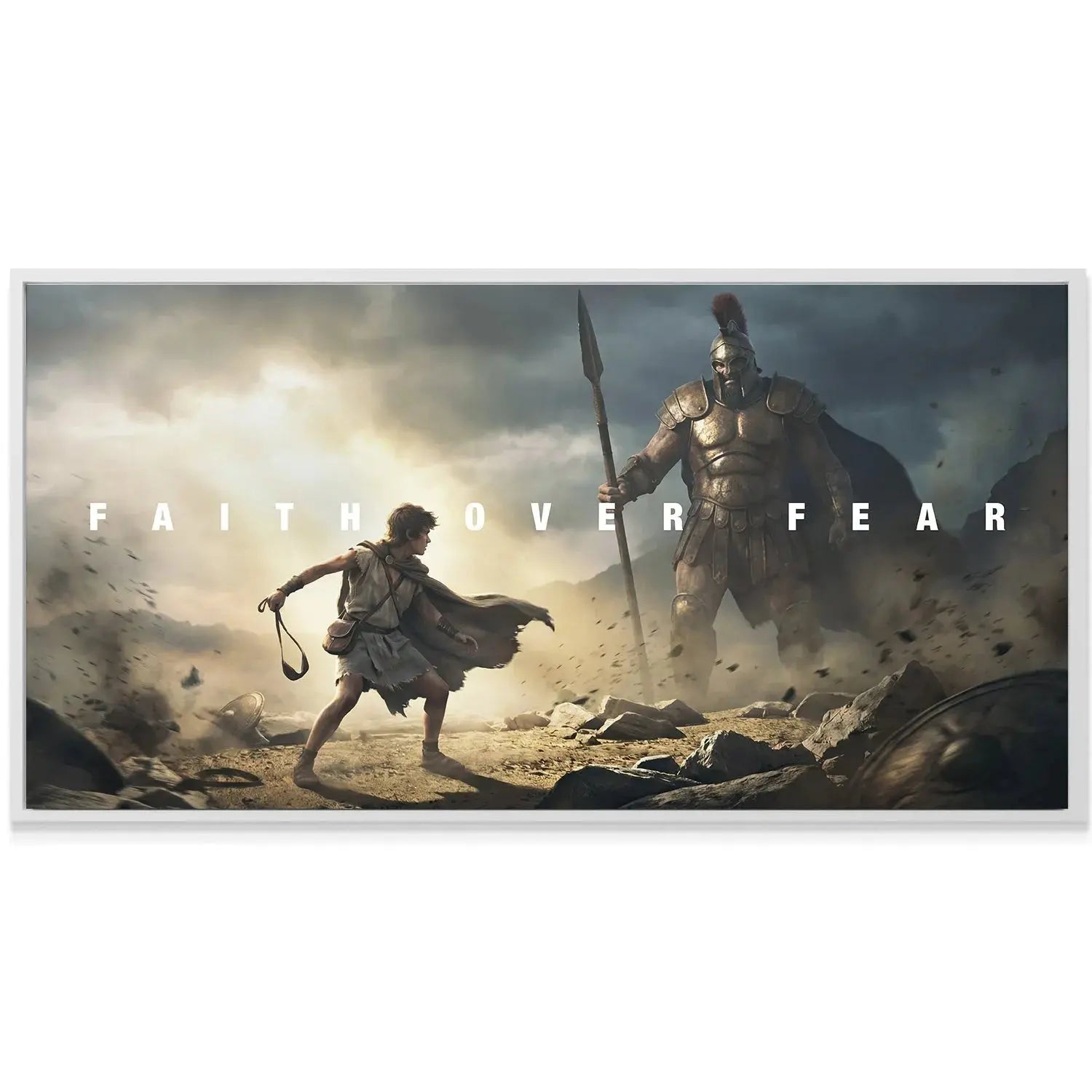 Detailed view of Goliath's imposing bronze armor and spear in the David And Goliath – Faith Over Fear print