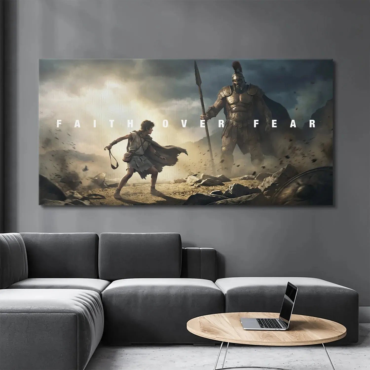 Dynamic dust and rock texture detailing the intense battleground in David And Goliath – Faith Over Fear