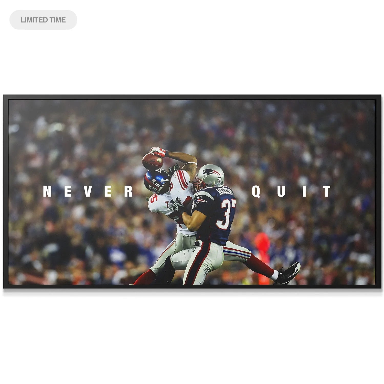 Close-up detail of David Tyree - Never Quit showing the football pressed against the helmet.