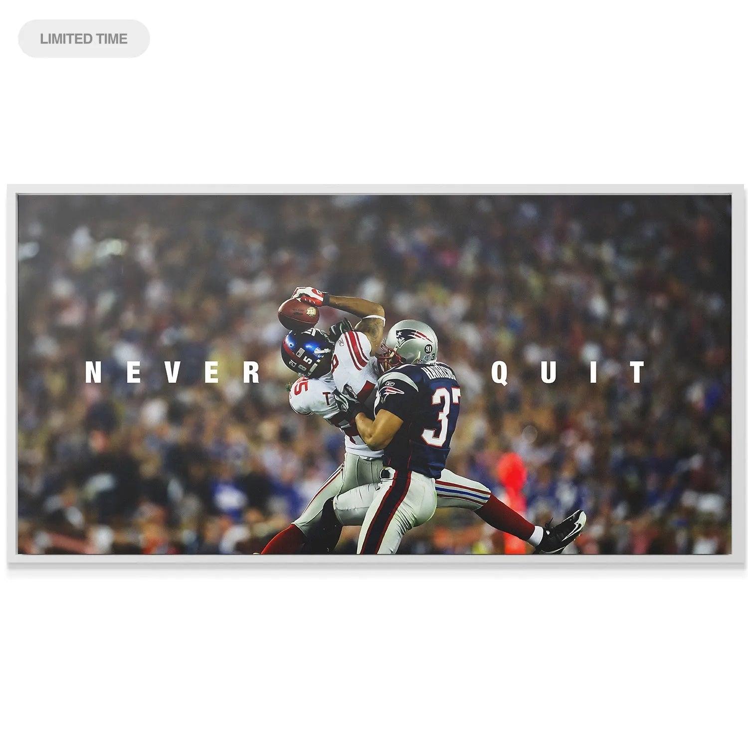 Lifestyle mock-up of the David Tyree - Never Quit artwork hanging above a professional office desk.