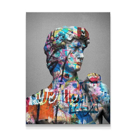 Close-up view of the eye area on the David Vandal print showing blue and pink graffiti overlays.