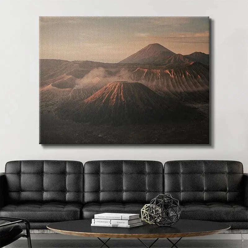 Aerial perspective view highlighting the vast scale and rugged terrain of the volcanic crater captured in Dawn of Bromo.