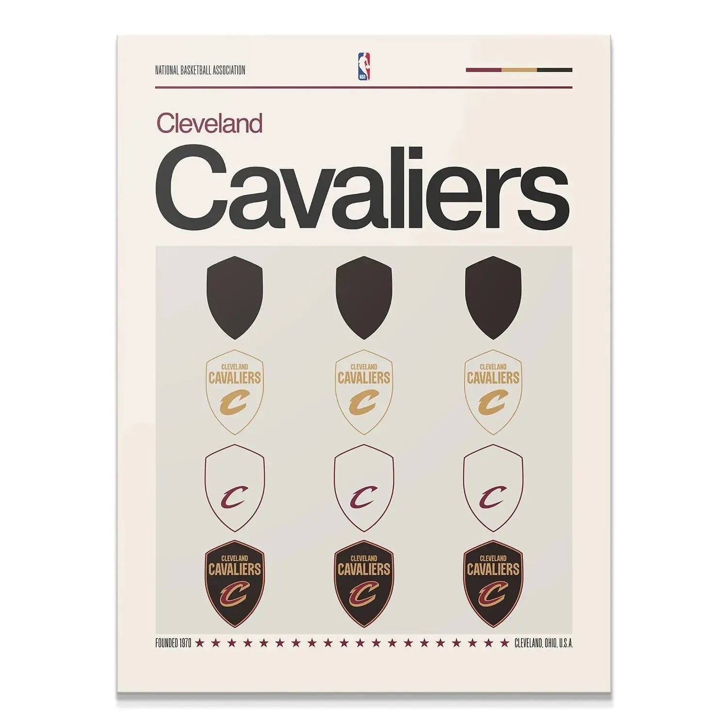 Full orthogonal view of the 'Deconstructed Logo - Cavaliers' print detailing all shield variations.